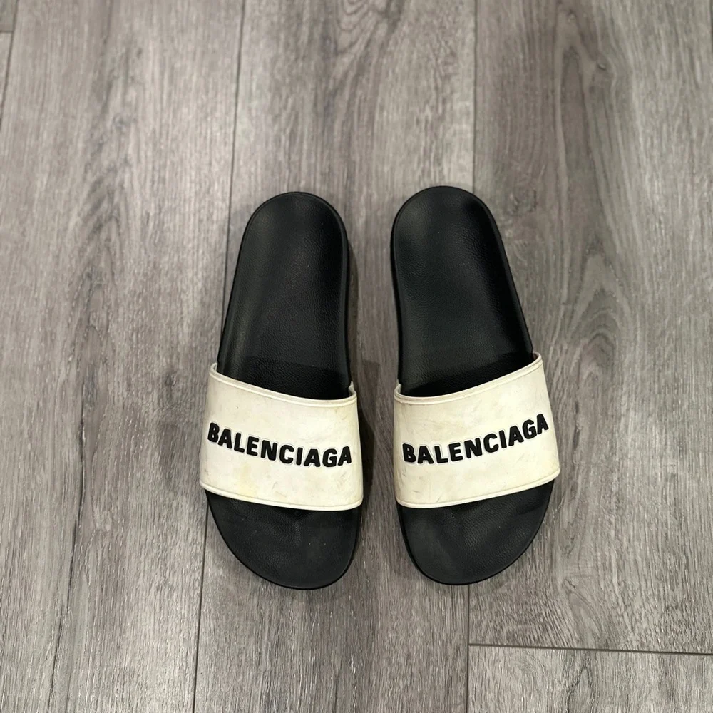 Balenciaga White and Black Pool Slides - Picture 1 of 2